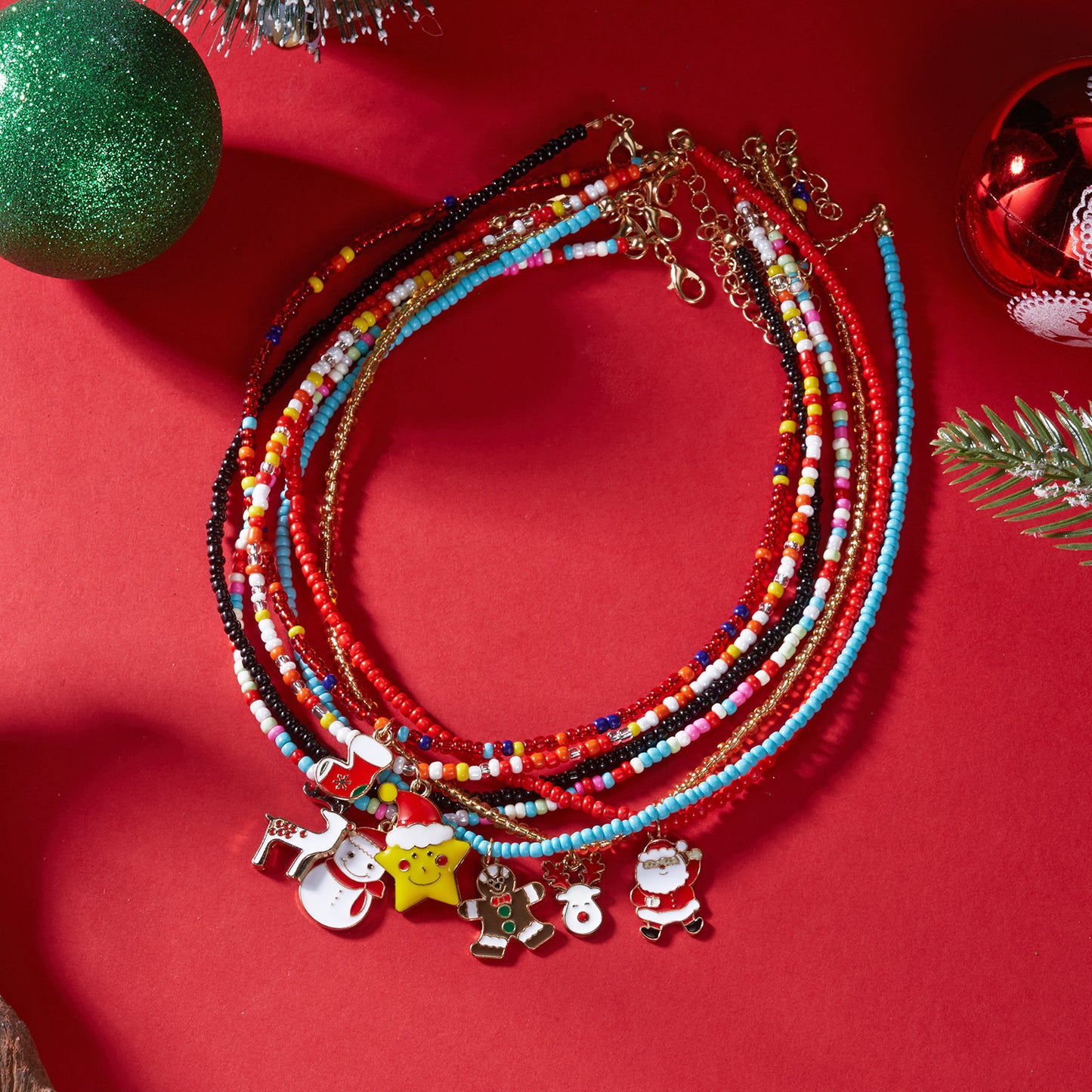 Christmas Cartoon Santa Bell Snowman Snowflake Pendant Colorful Seed Bead Necklace for Women