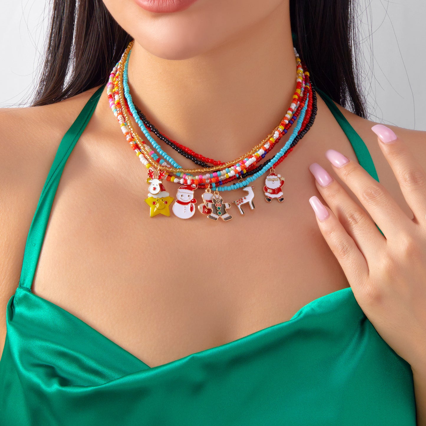 Christmas Cartoon Santa Bell Snowman Snowflake Pendant Colorful Seed Bead Necklace for Women